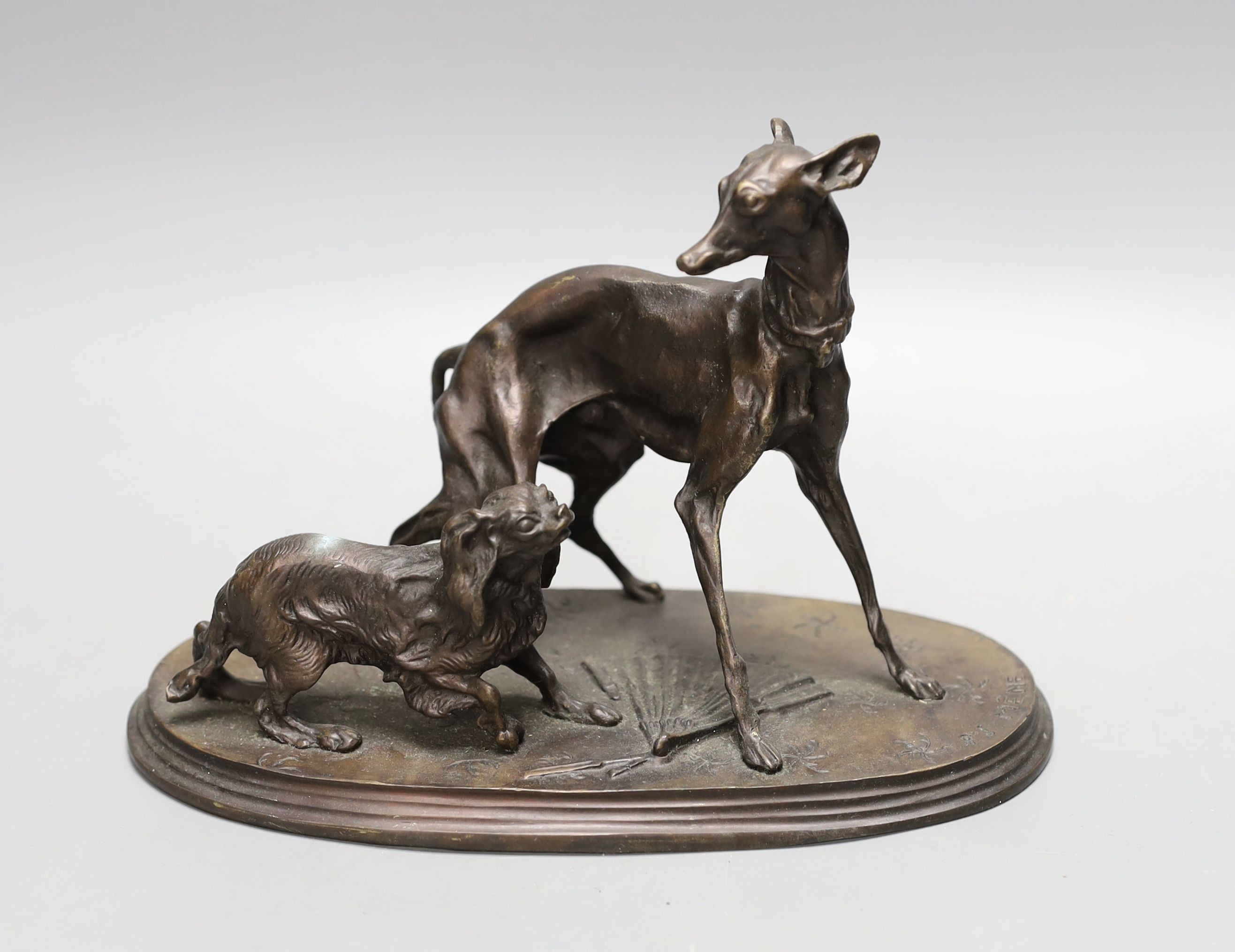 After Méne, bronze group of two dogs 22cm wide